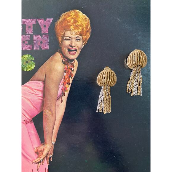 1950s novelty earrings clip on gold and silver novelty mushroom tassel jewelry - Picture 2 of 6